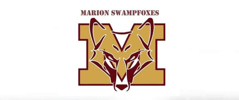 Logo with a large “M,” a stylized fox head in the center, and the text “Marion Swampfoxes” above.