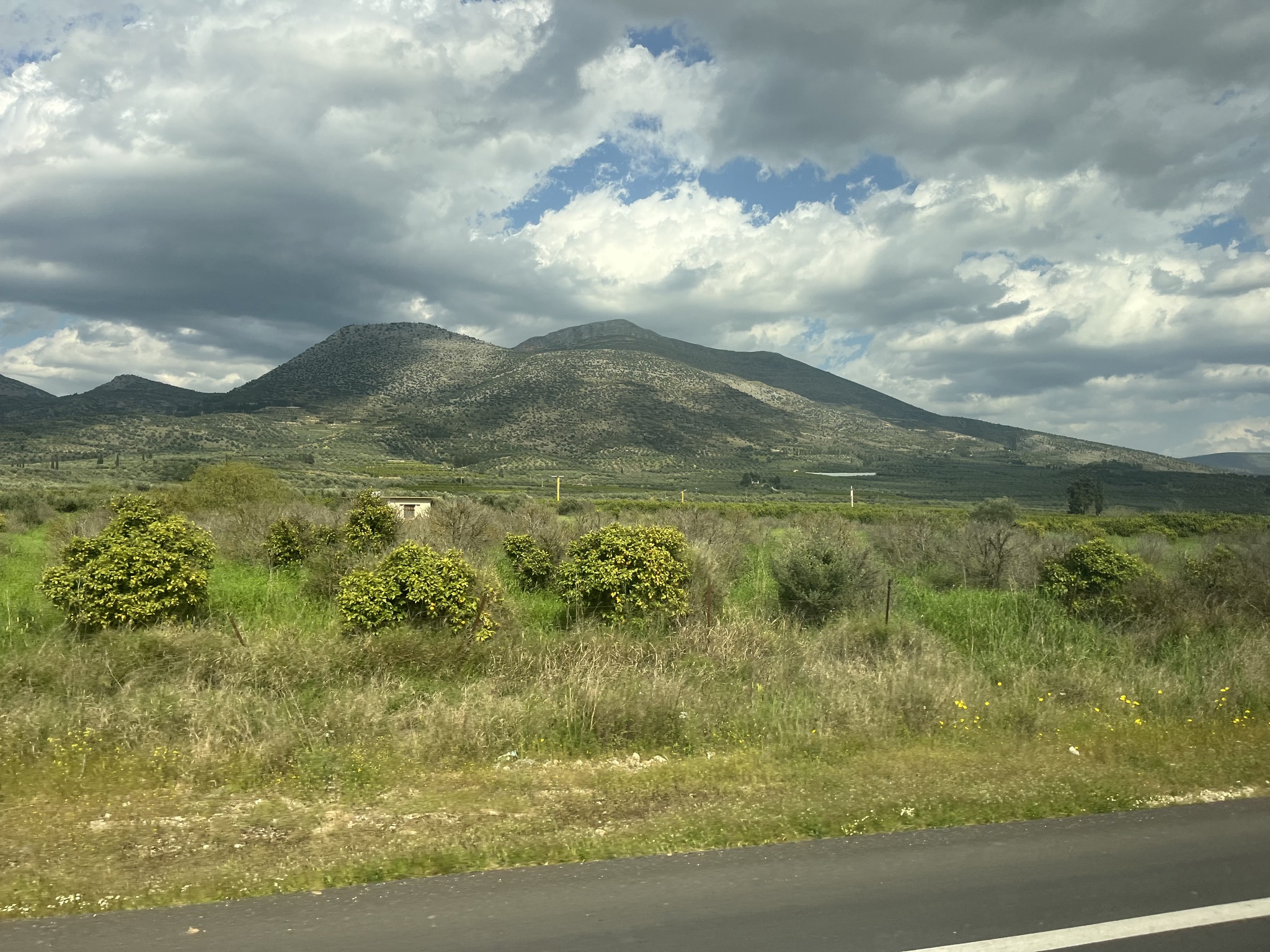 Green hills under a partly cloudy sky, with scattered bushes and a grassy field in the foreground, viewed from the side of a road.