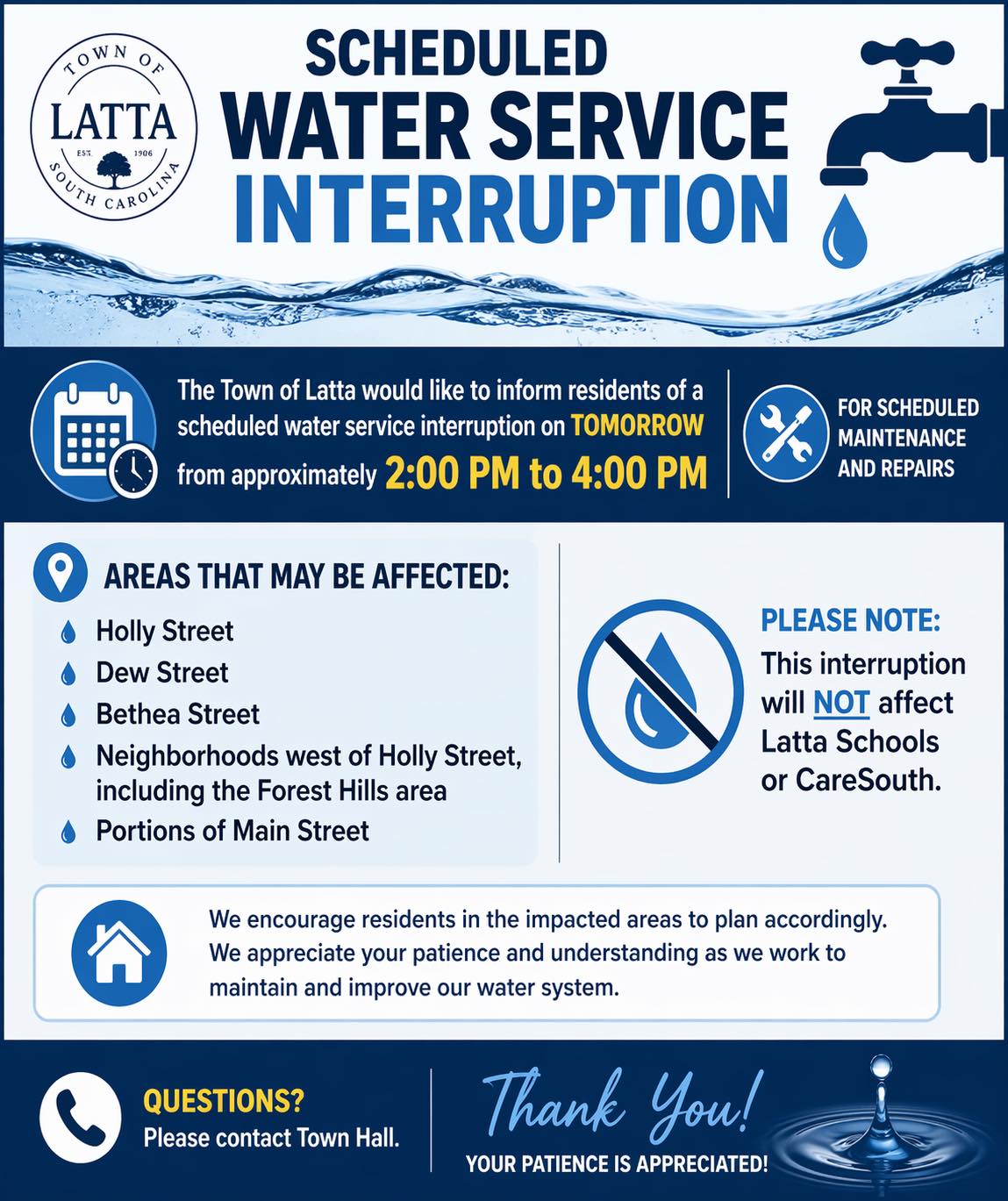 Notice about water service interruption in Latta on listed streets, from 2:00 PM to 4:00 PM, with exclusion for Latta schools and Cowasee.