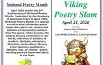 National Poetry Month and Viking Poetry Slam event flyer with text details and an illustration of a cartoon Viking reading a scroll.
