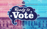 A graphic with the text "Ready to Vote" in bold letters, featuring a patriotic red and blue background with stars and a government building.