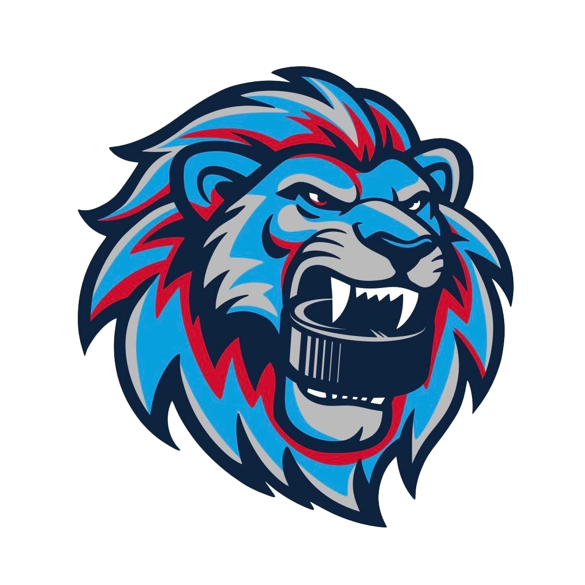 A stylized blue and red lion head with an open mouth holding a hockey puck between its teeth.