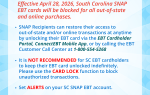 Notice about SC SNAP EBT cards being blocked for out-of-state and online purchases starting April 28, 2023, with instructions and safety tips for cardholders.
