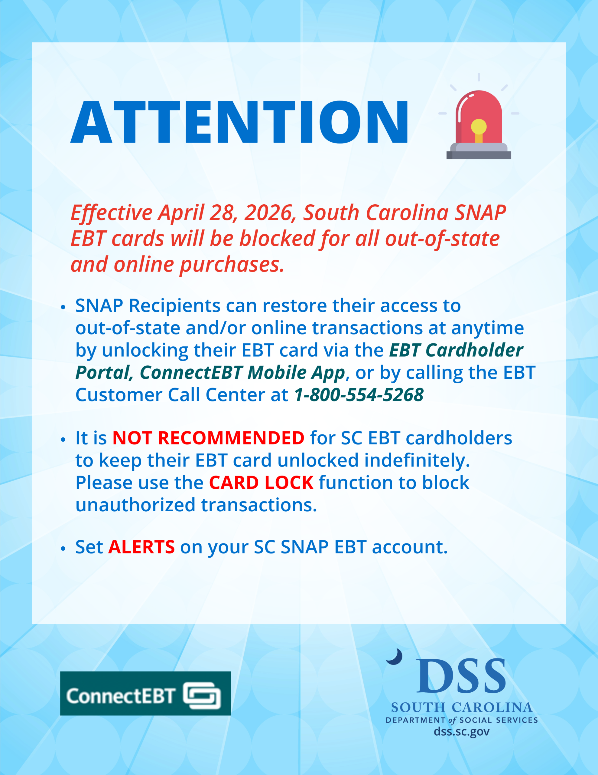 Notice about SC SNAP EBT cards being blocked for out-of-state and online purchases starting April 28, 2023, with instructions and safety tips for cardholders.