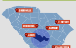 Map of South Carolina highlighting Orangeburg County with nearby cities labeled: Greenville, Columbia, Aiken, Florence, Sumter, Charleston, and Hilton Head.