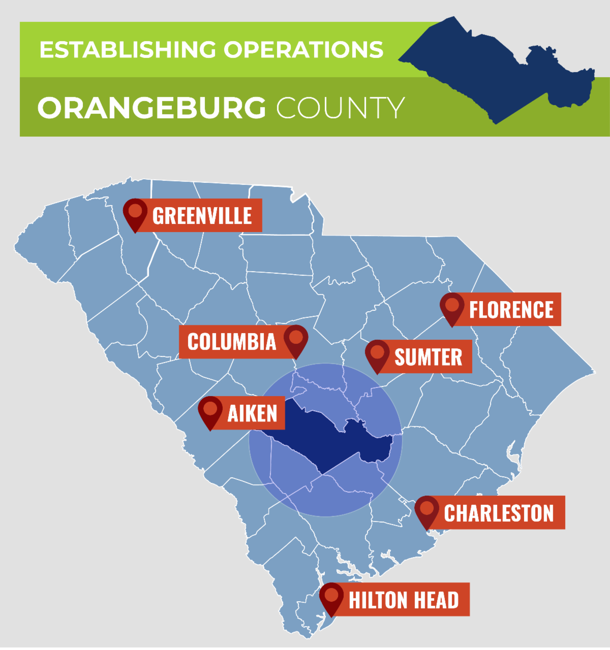 Map of South Carolina highlighting Orangeburg County with nearby cities labeled: Greenville, Columbia, Aiken, Florence, Sumter, Charleston, and Hilton Head.