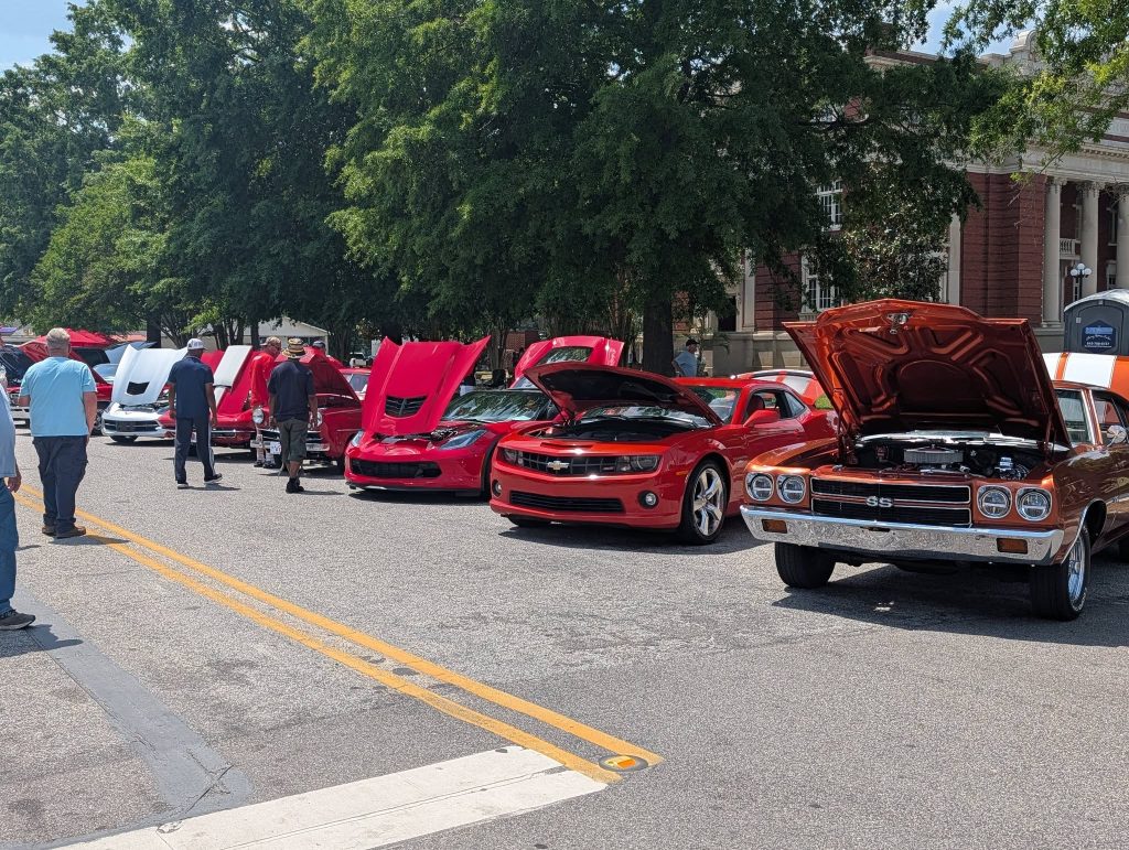 Classic and modern cars with open hoods line a street at a car show on a sunny day, with people walking and trees in the background.