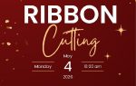 Red and gold invitation for Latta Library ribbon cutting on May 4, 2026, at 10:00 am, 101 N. Marion St., Latta, SC. Decorative ribbon and scissors.