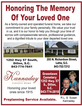 Funeral home advertisement with two building images, service descriptions, contact information, Greenwood Cemetery details, and a photo of two people in formal attire.