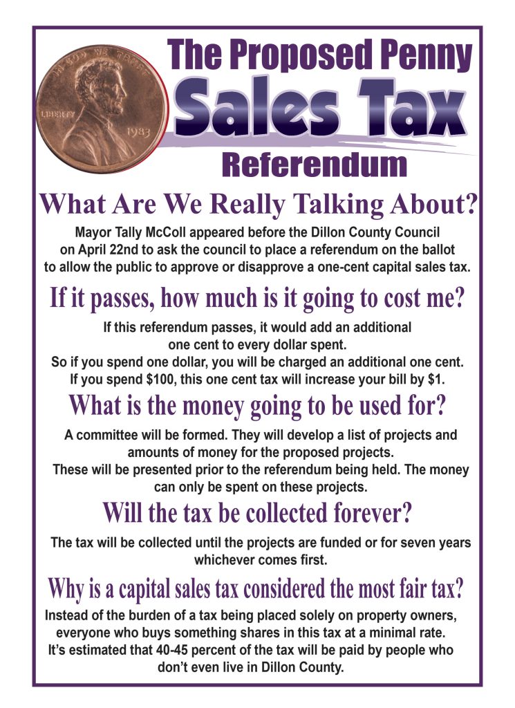 Flyer about a proposed penny sales tax referendum, explaining cost, purpose, duration, and fairness of the tax, with a large penny image and bold purple text.
