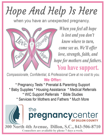 Flyer for The Pregnancy Center offers support, baby supplies, housing, prenatal services, and counseling for unexpected pregnancies. Features pink butterfly and supportive message for mothers and fathers.