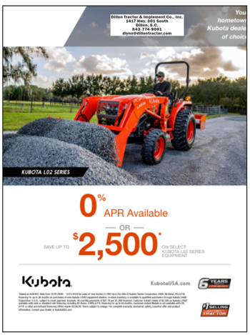 Orange Kubota tractor on gravel, promotional offer for 0% APR and up to $2,500 off. Kubota and Land Pride logos, outdoor farm setting.