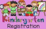 Illustration of five children with school supplies, colorful text spelling "Kindergarten Registration" on a purple background.