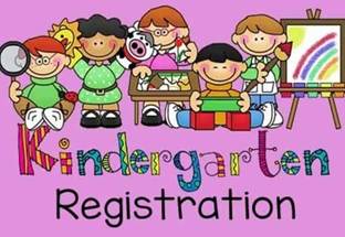 Illustration of five children with school supplies, colorful text spelling "Kindergarten Registration" on a purple background.