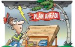 A worried man pushes a cart with wood, nails, and water, under storm clouds, a palm tree, and a banner reading “Plan Ahead!” as lightning strikes.