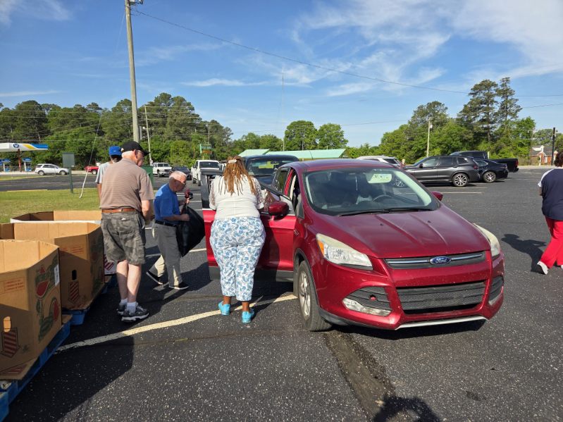 People loading items into a red car in a parking lot on a sunny day, with trees and other vehicles in the background.