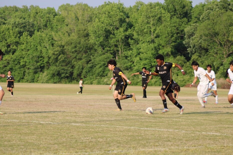 Soccer players in black and white uniforms compete for the ball on a grassy field with trees in the background.