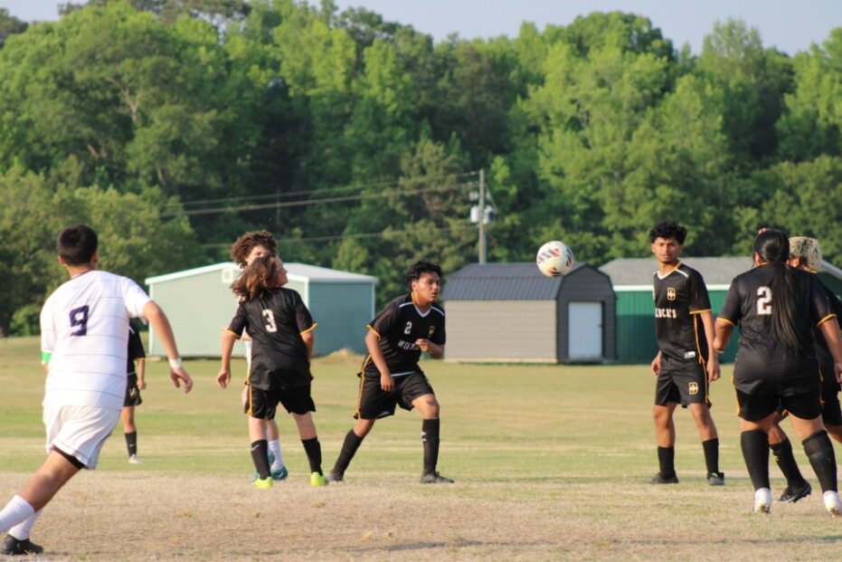 Soccer players in black and white uniforms play a match on a grassy field with trees and small buildings in the background.