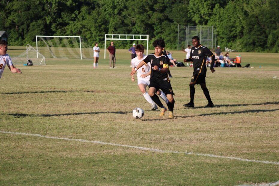 Soccer players in black and white uniforms compete for the ball on a grassy field, with goalposts and spectators in the background on a sunny day.