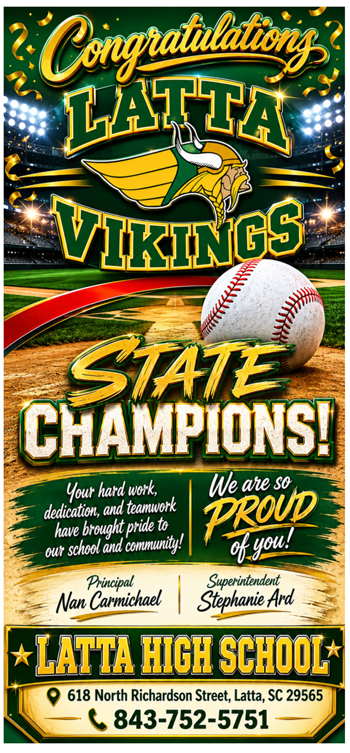 Baseball-themed poster celebrating Vikings as state champions, featuring a baseball field, ball, and congratulatory messages expressing pride for the team's hard work, dedication, and teamwork.