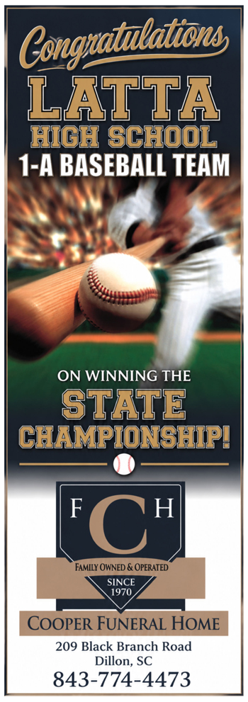 A baseball player swinging a bat with a baseball coming toward the viewer, text reads "On winning the state championship!" with a blurred crowd in the background.