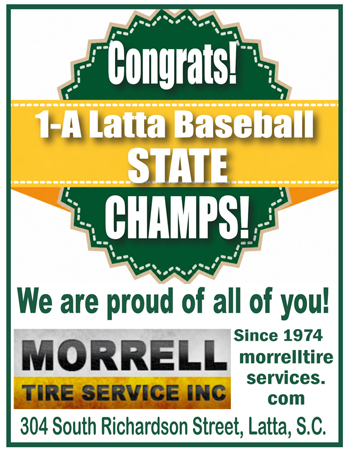 Congratulations sign for 1-A Latta Baseball State Champs, expressing pride, sponsored by Morrell Tire Service Inc., established 1974, with website listed.