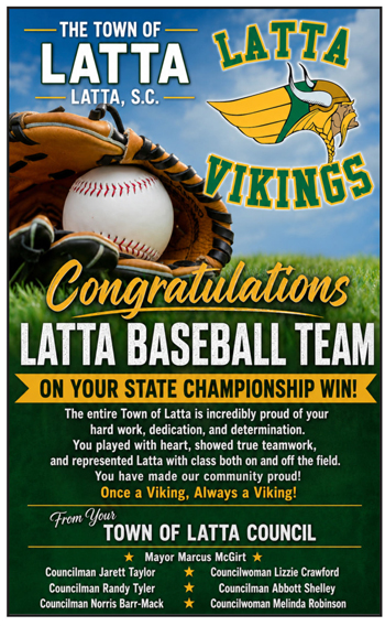 Congratulations to Latta Vikings baseball team for winning the state championship, with messages praising their hard work, teamwork, and community pride. Baseball glove and ball in image.