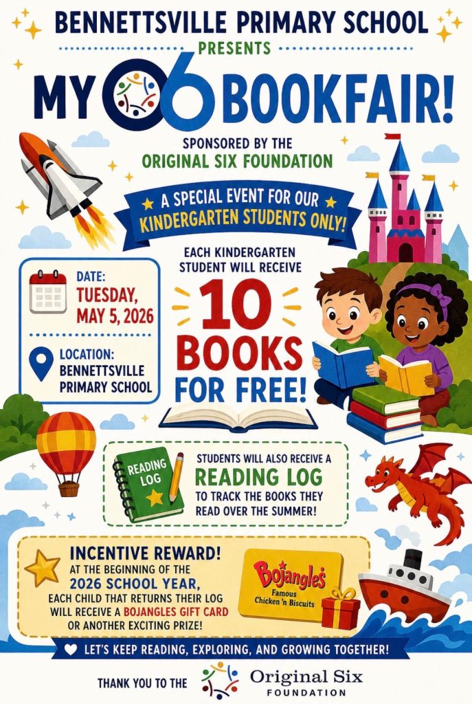 Colorful flyer for Bennettsville Primary School's kindergarten book fair, offering 10 free books and a reading log, featuring cartoon kids, rocket, castle, dragon, hot air balloon, and boat.