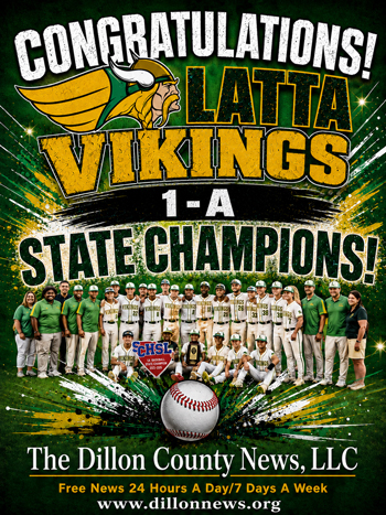 Latta Vikings baseball team poses with a trophy; text reads “1-A State Champions!” above with green and gold colors and a baseball in the foreground.