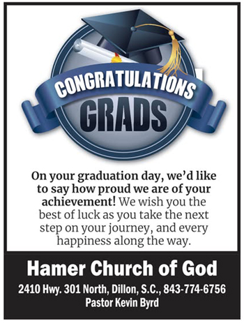 Banner with "Congratulations Grads," graduation cap, diploma, and a message wishing graduates luck and happiness from Hamer Church of God.