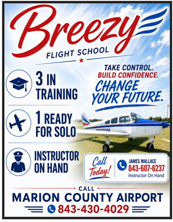 Breezy Flight School advertisement showing a small airplane, training details, contact information, and promotion for taking control of your future at Marion County Airport.