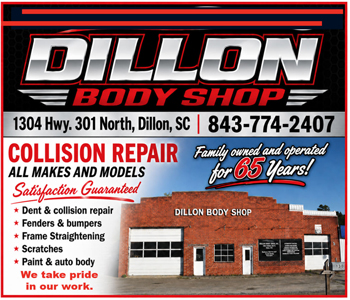 Dillon Body Shop advertisement with contact info, services offered, and a photo of the building. Collision repair for all makes and models, family owned for 65 years.