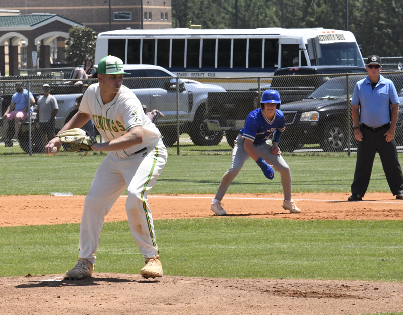 Baseball pitcher prepares to throw as runner leads off base, with umpire and spectators visible in background on a sunny day.