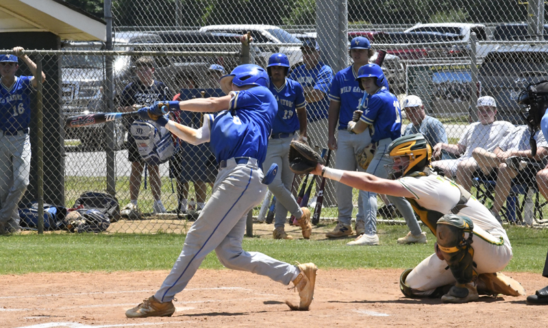 Baseball player in blue batting as catcher in white and yellow attempts to catch the ball, with teammates and spectators in the background.