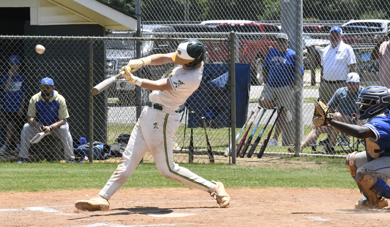 Baseball player in white uniform hitting a pitched ball, with a catcher, umpire, and spectators watching the game on a sunny day.