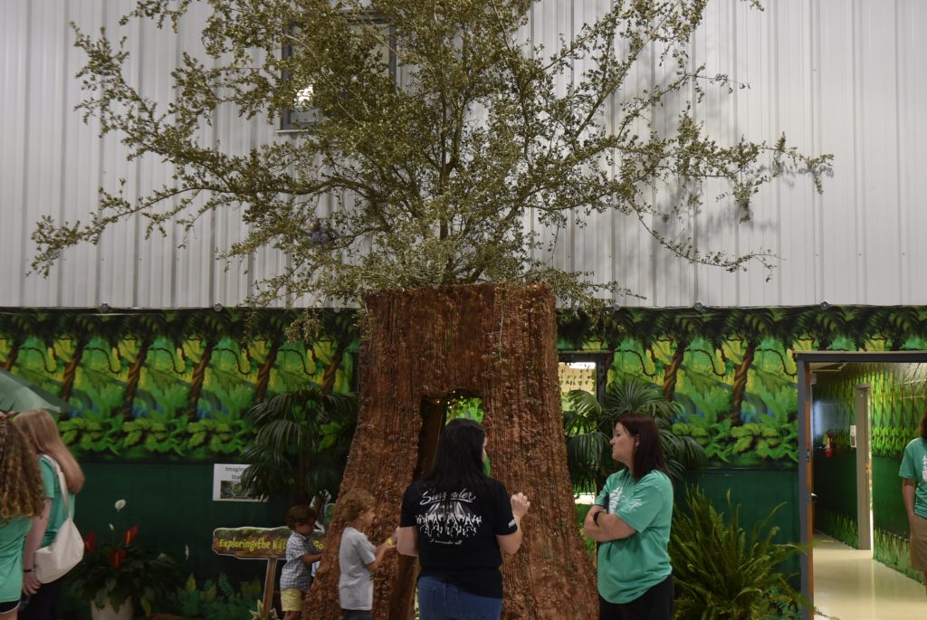People standing around a large decorative tree structure indoors, with green plants and foliage visible in the background.