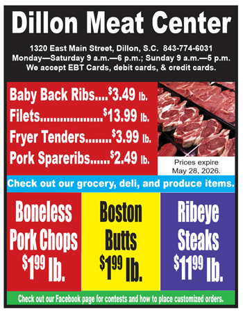 Dillon Meat Center ad with prices for ribs, filets, tenders, pork chops, Boston butts, and ribeye steaks, store address, hours, and payment options.