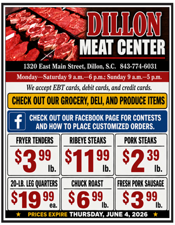 Dillon Meat Center flyer showing address, hours, phone number, and weekly meat specials including fryer wings, ribeye steaks, pork steaks, quarters, chuck roast, and sausage.
