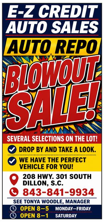 Bright "Blowout Sale!" sign with comic-style background, offering several selections, encouraging customers to drop by and find the perfect item.