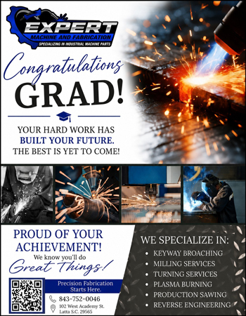 Graduation congratulations flyer with images of welding, machinery, and a graduation cap, celebrating achievements and offering metalworking services like keyway broaching, milling, and turning.