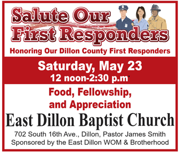 Salute Our First Responders event at East Dillon Baptist Church, May 23, featuring food, fellowship, and appreciation for local first responders.