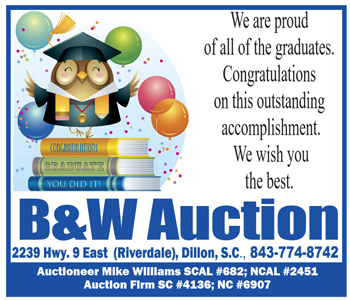 owl in a graduation cap sits on books with balloons. Text congratulates graduates for their accomplishment. B&W Auction contact details included at the bottom.