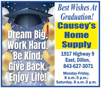 Graduation congratulations ad with a cap, inspirational quotes, and contact information for Causey’s Home Supply in Dillon, SC.