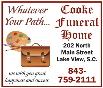 Cooke Funeral Home ad with address, phone number, briefcase, paint palette, and message wishing happiness and success on whatever path you choose.
