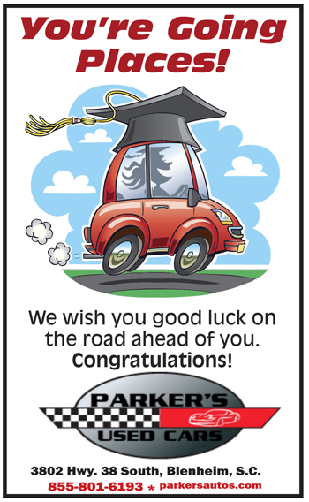 A red cartoon car wearing a graduation cap driving on a road, with congratulatory message: "We wish you good luck on the road ahead of you. Congratulations!"