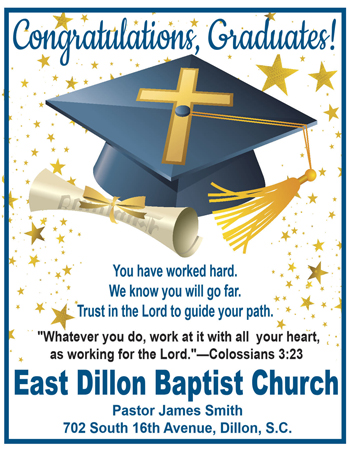 Graduation cap with cross, diploma, gold stars, and Bible verse encouraging graduates from East Dillon Baptist Church to trust in the Lord and work with all their heart.