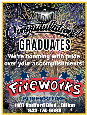 Congratulations Graduates sign with fireworks background, message of pride in accomplishments, and Fireworks Superstore text at the bottom.