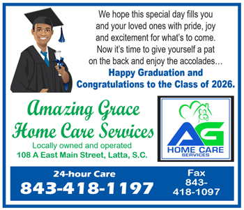 Graduation congratulatory message with a smiling graduate, Amazing Grace Home Care Services contact information, and blue and green design elements.