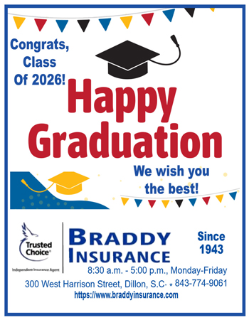 Congrats, Class of 2026! Happy Graduation message with a graduation cap and Braddy Insurance company information, including hours and contact details.