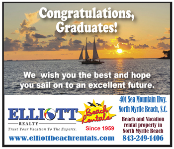 Sailboats at sunset with text congratulating graduates and wishing them success from Elliott Realty and Beach Rentals, including contact information and website.